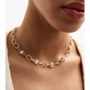 Gold Tone Fake Pearl Adorned Chain Hyperlink Necklace New Glance