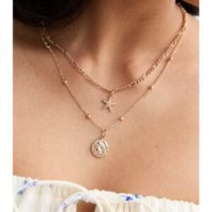 Gold Tone Multi-Row Starfish Disc Necklace New Glance