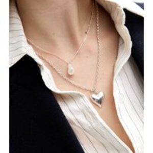 Silver Tone Layered Puff Middle Pearl Necklace New Glance