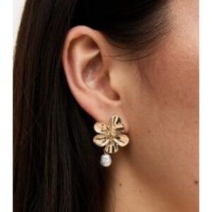 Gold Tone Pretend Pearl Drop Flower Earrings New Glance