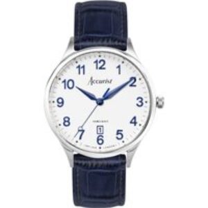 Accurist Males’s Vintage Blue Leather-based Strap White Dial Watch – Silver