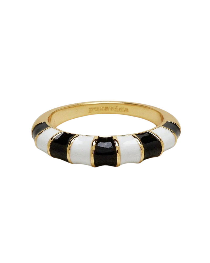 Striped Enamel Gold Ring in Black & White