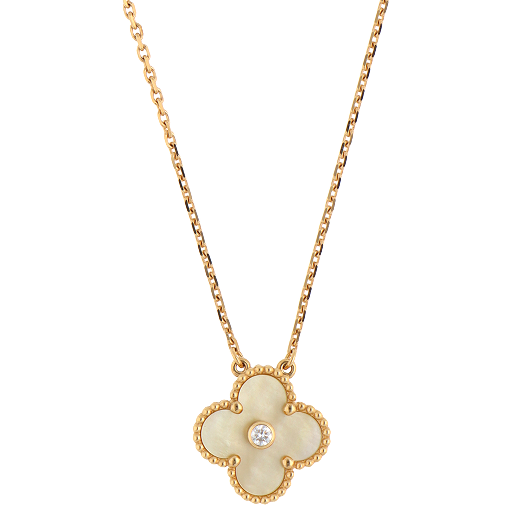 Vintage 2018 Holiday Van Cleef & Arpels Mother of Pearl and Diamond Alhambra Pendant