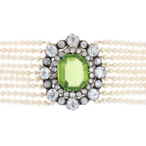 Vintage Peridot, Old Cut Diamond and Pearl Chocker Necklace