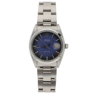 Vintage 1962 Rolex Oyster Date Precision stainless steel wristwatch with custom blue mauve dial and manual movement.