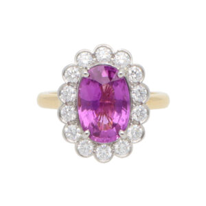 Contemporary Certified 4.03ct Unheated Oval Pink Sapphire and Diamond Cluster Ring