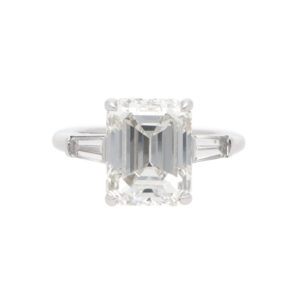 Vintage Tiffany & Co. Certified 5.66ct Emerald Cut Diamond Three Stone Ring